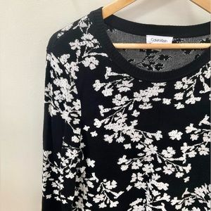Calvin Klein Black and White Floral Print Sweater Dress / B&W Floral Knit Dress